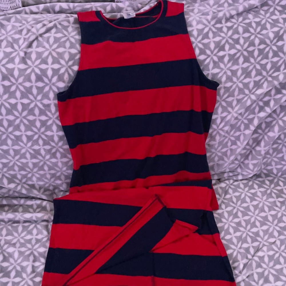 Red and blue long dress no sleeves, size L
